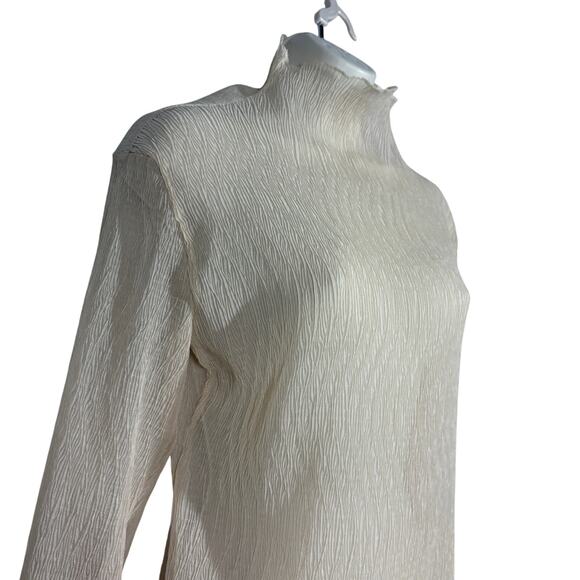 Wavy Mock Neck Top Snug Slim Fit VERY SHEER Nude Peach Cream - M - Picture 4 of 5